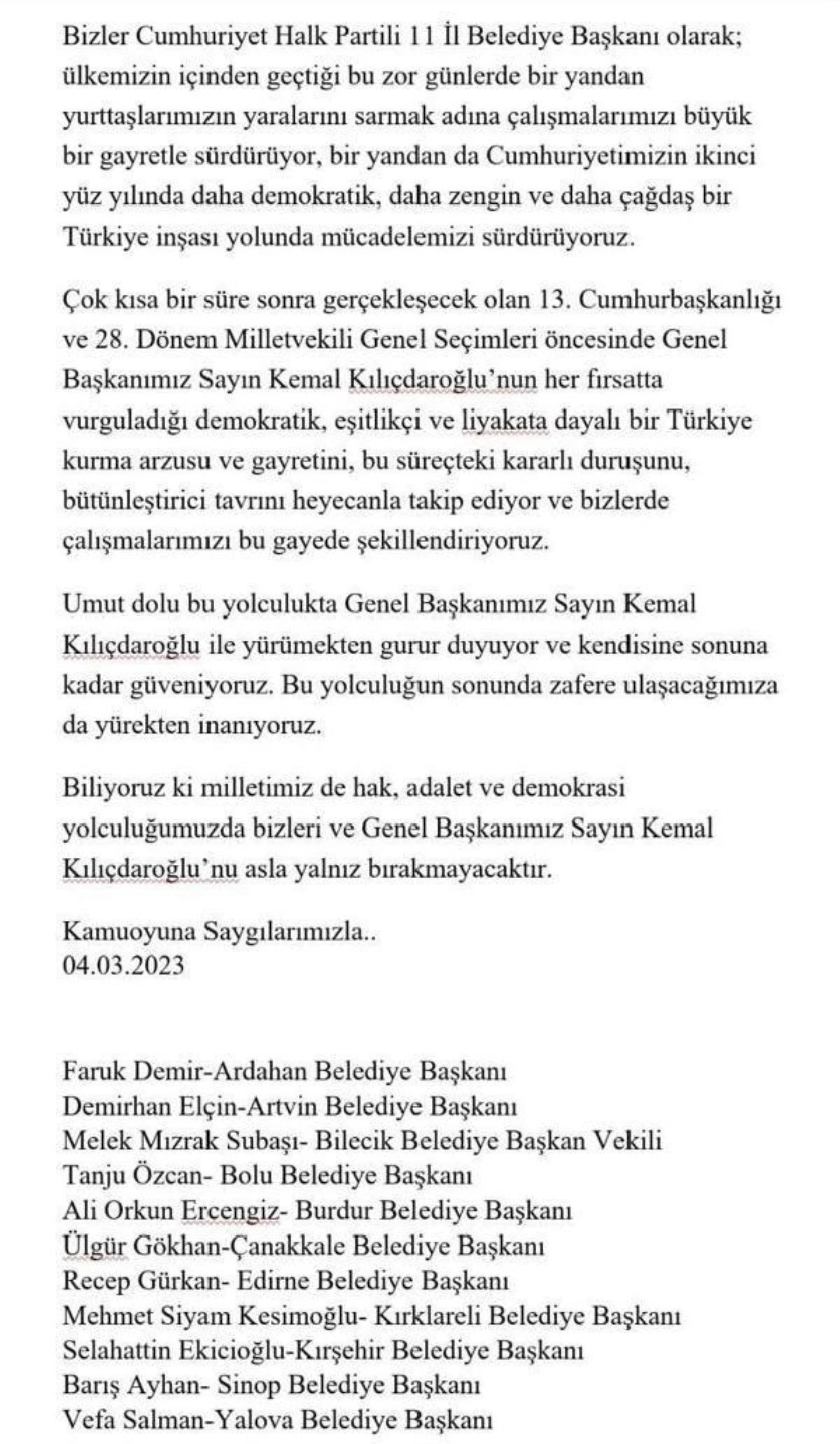CHP\'li 11 il belediye başkanı: Kılıçdaroğlu\'na sonuna kadar güveniyoruz