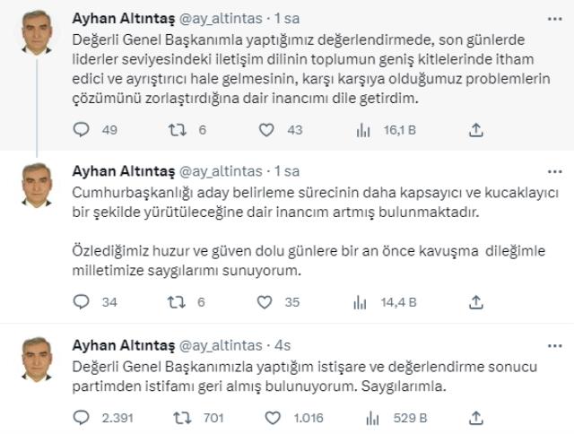 İYİ Parti Milletvekili Ayhan Altıntaş önce istifa etti, sonra Akşener ile görüşüp kararından vazgeçti