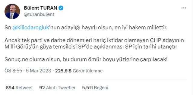 AK Parti'den Kılıçdaroğlu'nun adaylığına ilk yorum! Bülent Turan'ın sözleri Saadet Partilileri kızdıracak