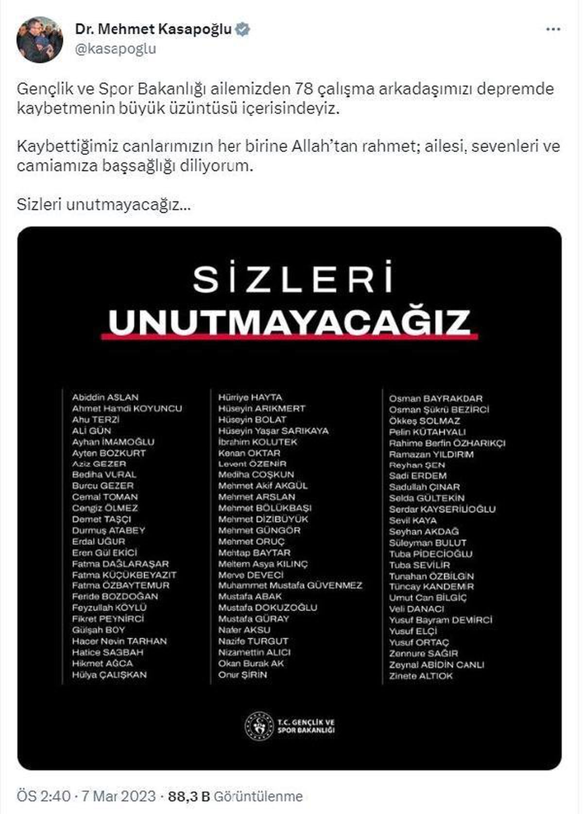 Bakan Kasapoğlu\'ndan depremde vefat eden bakanlık çalışanları için başsağlığı mesajı