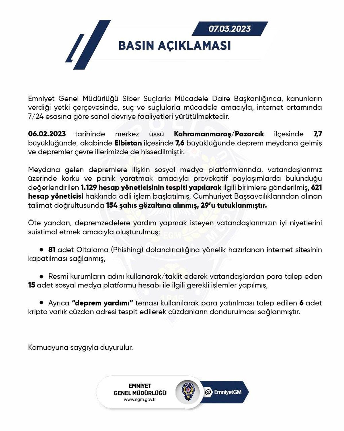 EGM: Depreme ilişkin provokatif paylaşım yapan 154 kişi gözaltına alındı