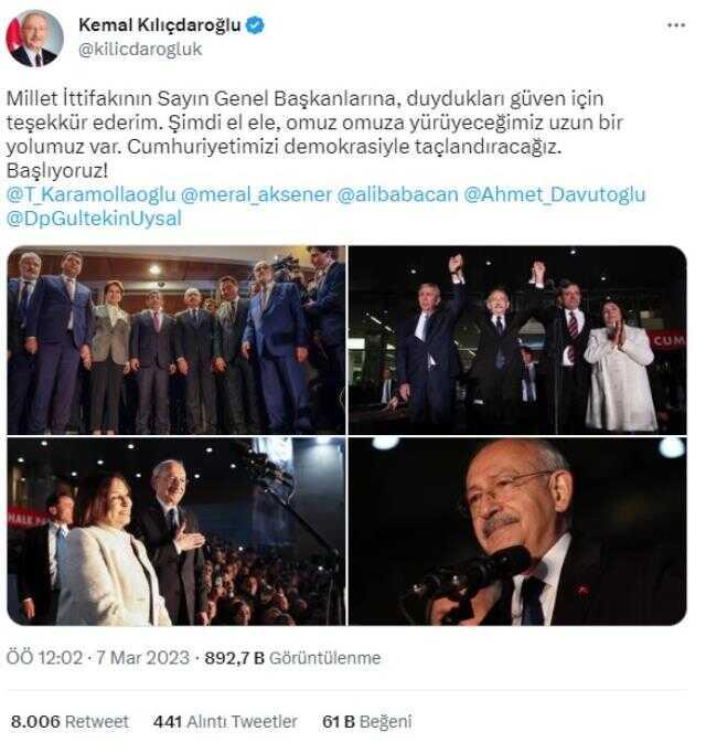 Kılıçdaroğlu'ndan Millet İttifakı'ndaki liderlere teşekkür: Yürüyeceğimiz uzun bir yolumuz var