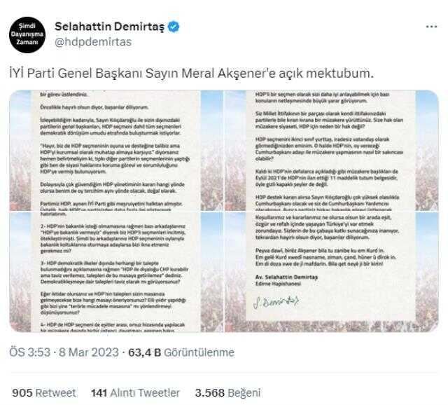 Demirtaş'tan 'Kılıçdaroğlu HDP ile görüşebilir ama taleplerini masaya asla getiremez' diyen Akşener'e açık mektup