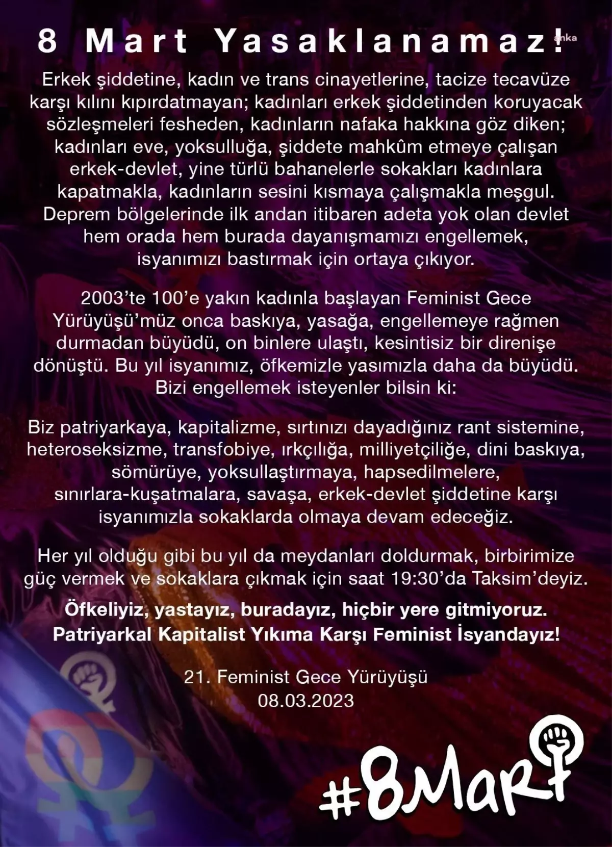 Feminist Gece Yürüyüşü İçin Çağrı Yapan Kadınlar: 'Her Yıl Olduğu Gibi Bu Yıl da Meydanları Doldurmak, Birbirimize Güç Vermek ve Sokaklara Çıkmak...