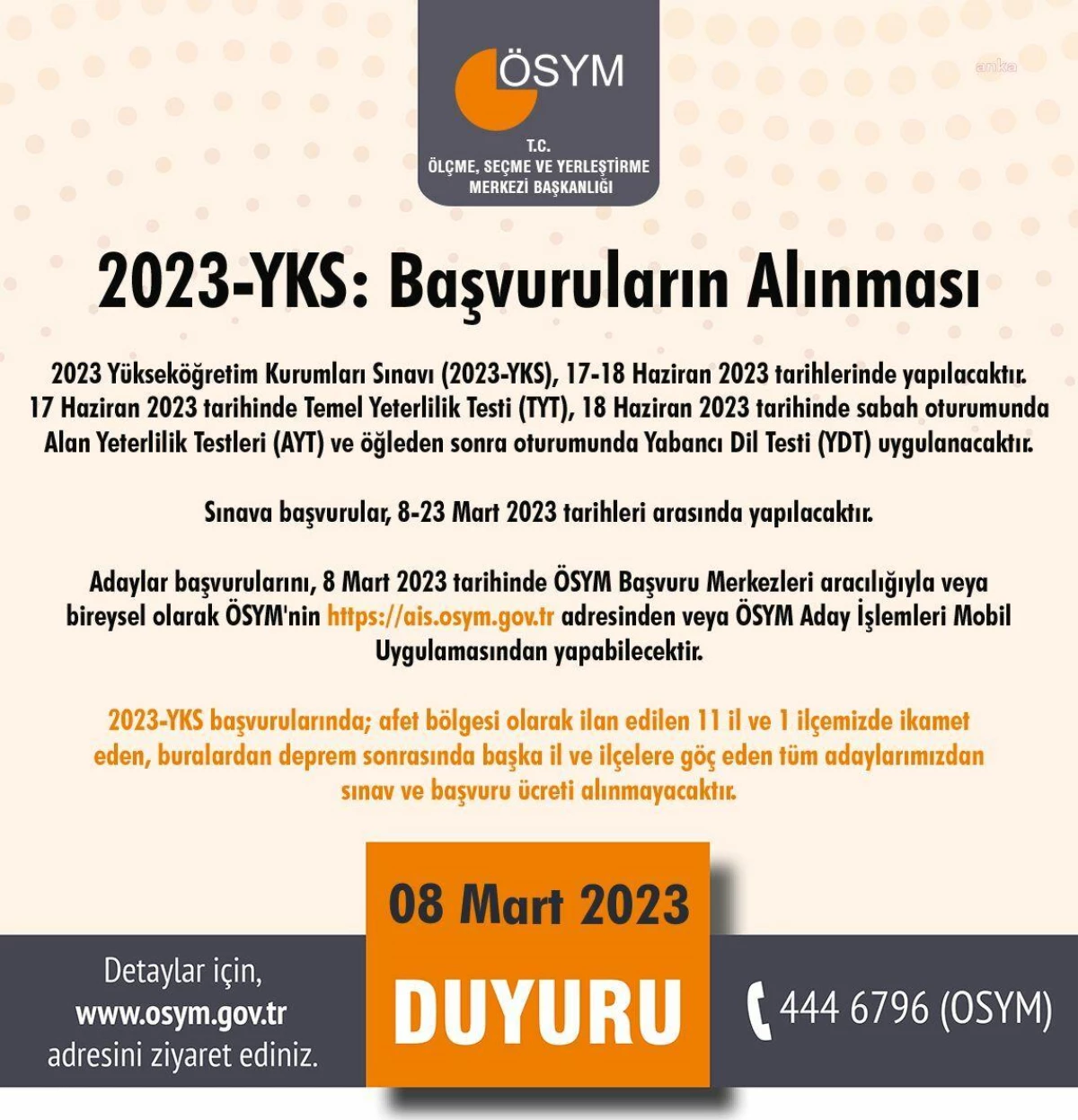 ÖSYM: 2023 YKS başvurularında "afet bölgesi" ilan edilen 11 il ve 1 ilçede ikamet eden, deprem sonrası başka il ve ilçelere göç eden adaylardan sınav...