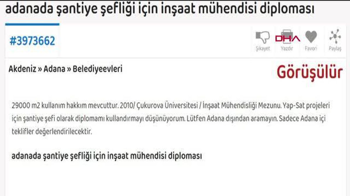 İNŞAAT MÜHENDİSLERİNİN İNTERNETTE 'KİRALIK-SATILIK DİPLOMA' İLANI