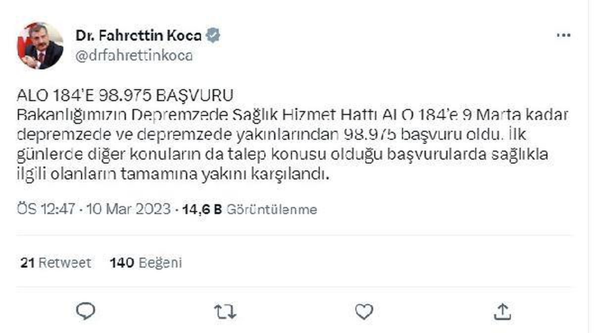 Bakan Koca: Depremzede sağlık hattına 98 bin 975 başvuru oldu