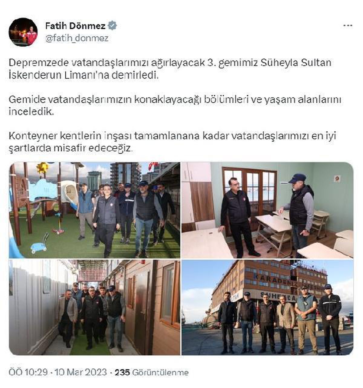 \'Süheyla Sultan\', depremzedeler için İskenderun Limanı\'nda