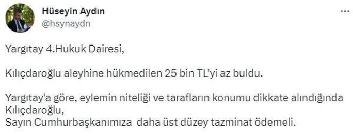 Yargıtay, Kılıçdaroğlu\'nun Erdoğan\'a ödeyeceği 25 bin TL\'yi az buldu