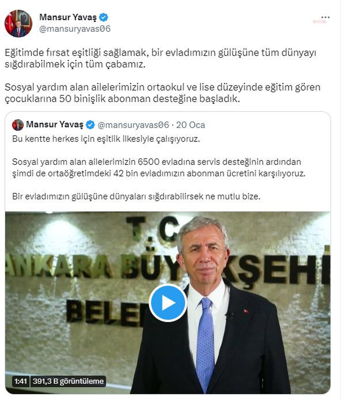 Ankara Büyükşehir\'den Ailesi Sosyal Yardım Alan Öğrencilere Abonman Desteği