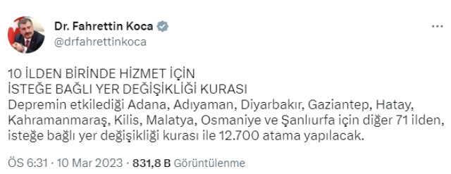 Depremden etkilenen 10 ile isteğe bağlı yer değişikliğiyle 12 bin 700 sağlık personeli atanacak