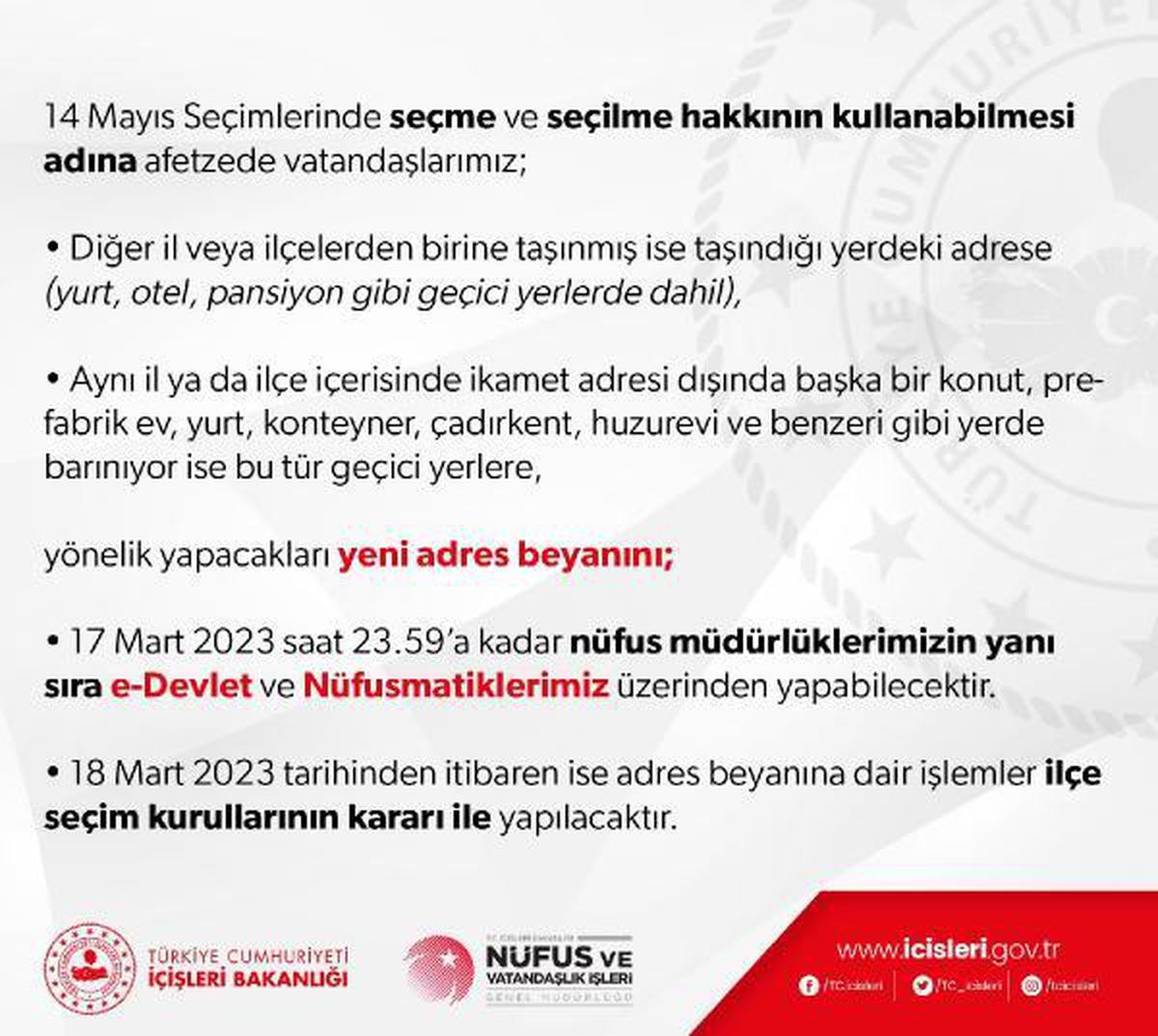 Depremzedeler, seçim işlemleri için 17 Mart gecesine kadar yeni adres beyanında bulunabilecek