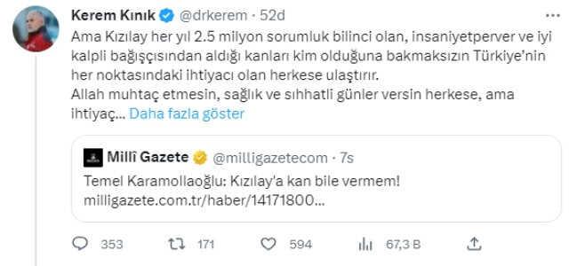 Kerem Kınık'tan 'Kızılay'a kan bile vermem' diyen Karamollaoğlu'na yanıt: İhtiyacınız olursa biz hazırız