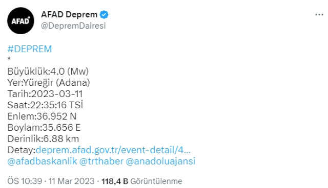 Son Dakika: Adana'nın Yüreğir ilçesinde 4 büyüklüğünde deprem meydana geldi