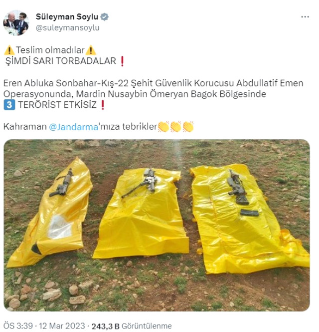 3 terörist öldürüldü, Soylu böyle duyurdu: Teslim olmadılar, şimdi sarı torbadalar