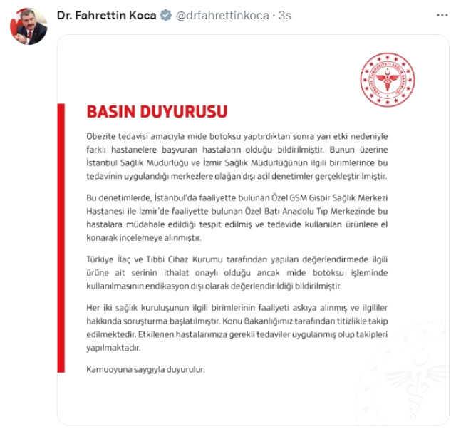 Sağlık Bakanlığı İstanbul ve İzmir'de mide botoksu yapan iki merkeze soruşturma başlattı
