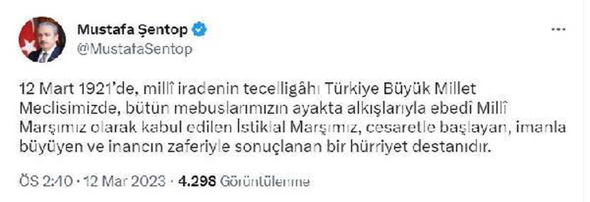 TBMM Başkanı Şentop\'tan, \'İstiklal Marşı ve Mehmet Akif Ersoy\' paylaşımı