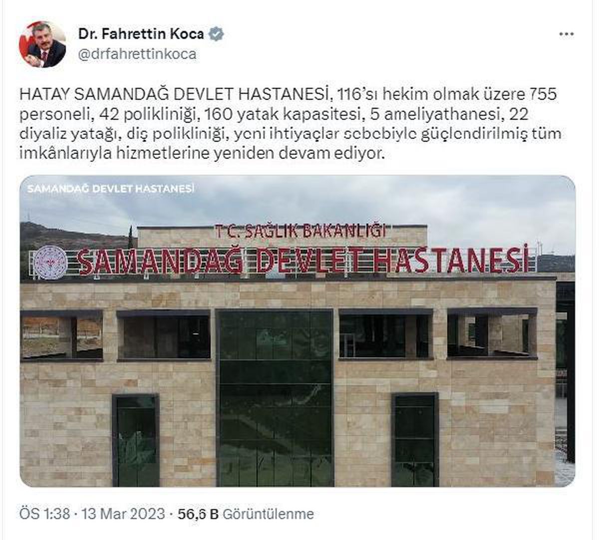 Bakan Koca: Samandağ Devlet Hastanesi hizmetlerine devam ediyor