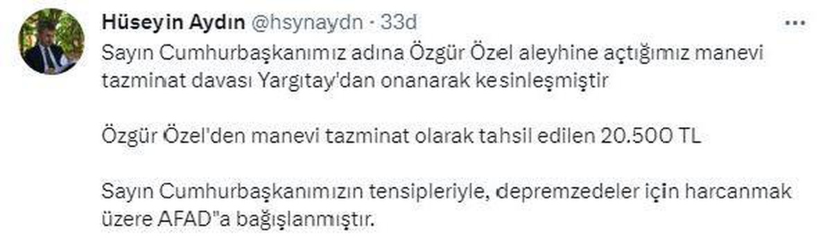 Erdoğan, CHP\'li Özel\'den kazandığı tazminatı AFAD\'a bağışladı