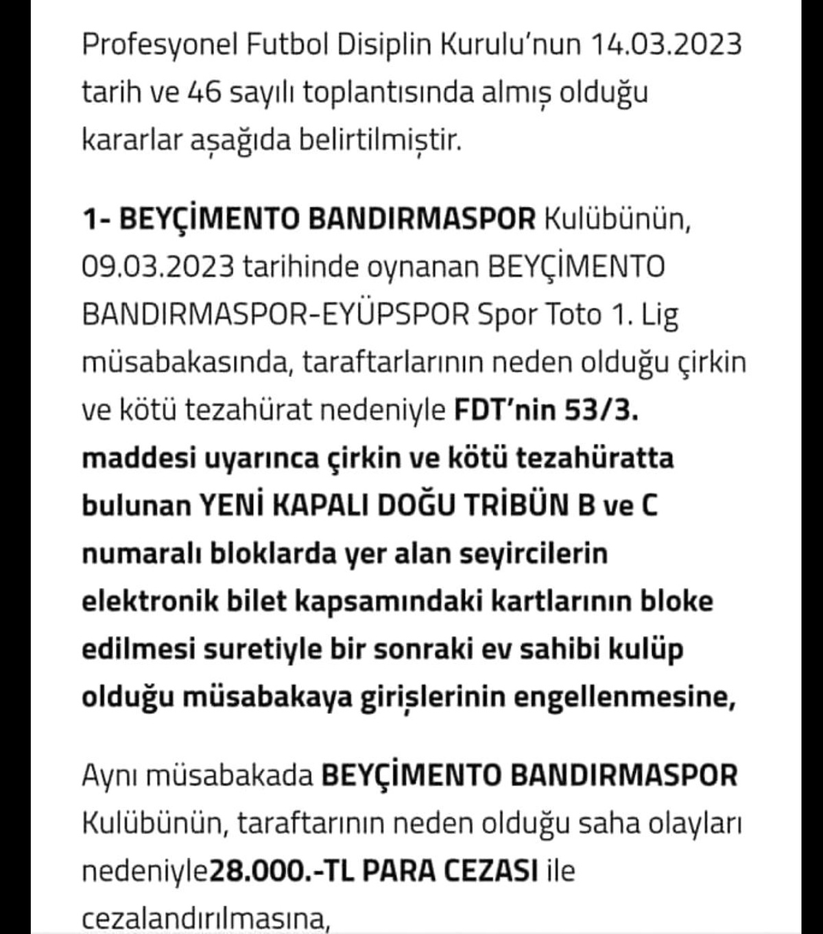 Bandırmaspor\'a kötü tezahürat cezası