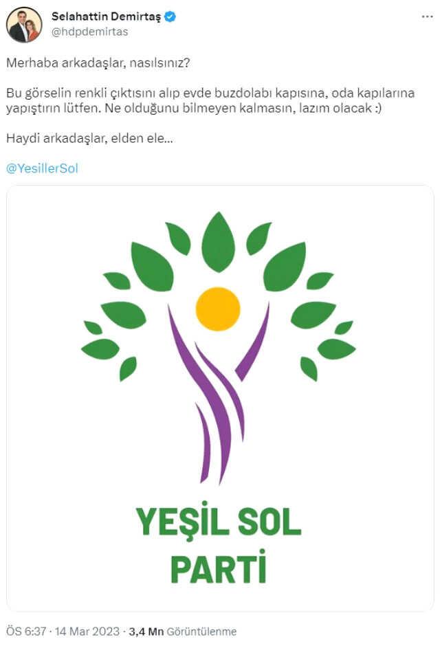 Demirtaş, Yeşil Sol Parti'nin Logosunu Paylaştı: 'Renkli Çıktısını Alıp Evde Buzdolabı Kapısına, Oda Kapılarına Yapıştırın Lütfen. Ne Olduğunu...