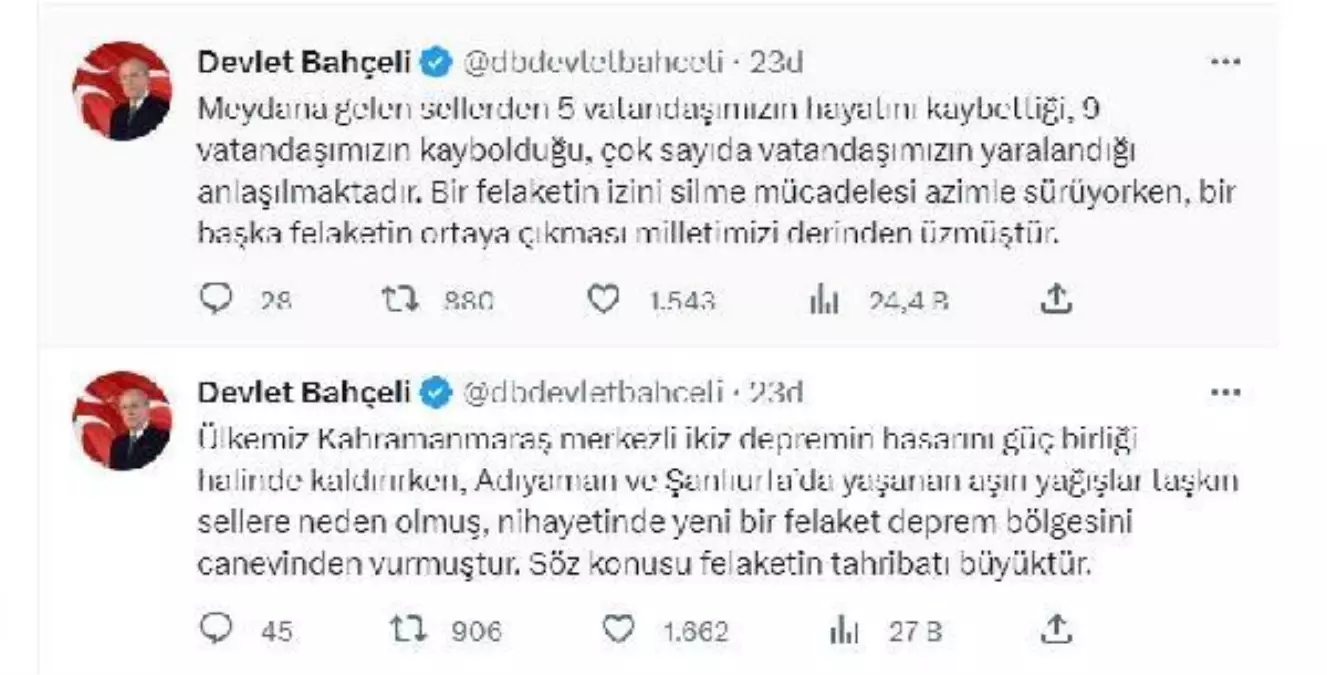 Devlet Bahçeli Adıyaman ve Şanlıurfa\'da yaşanan sel ve taşkınlar için taziye mesajı yayınladı