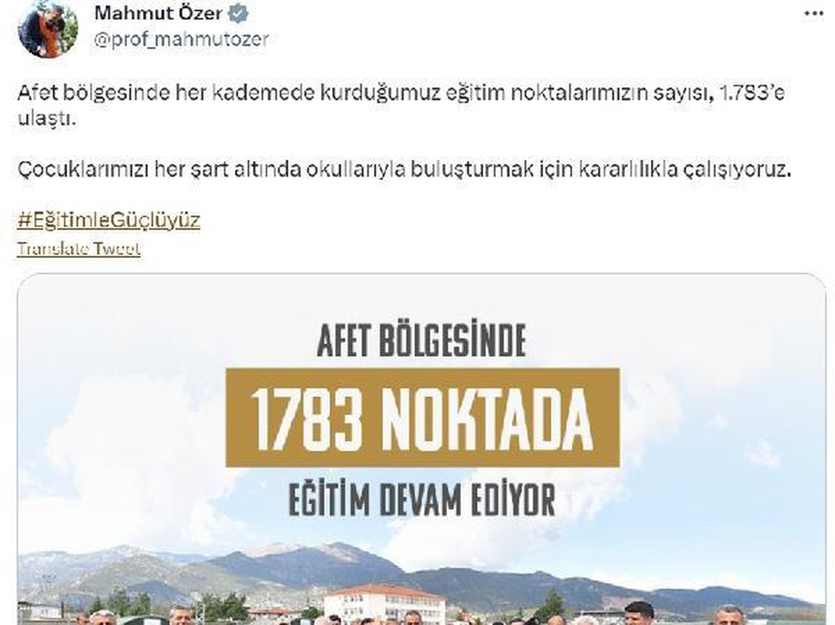 Bakan Özer: Afet bölgesinde eğitim noktalarımızın sayısı 1783\'e ulaştı