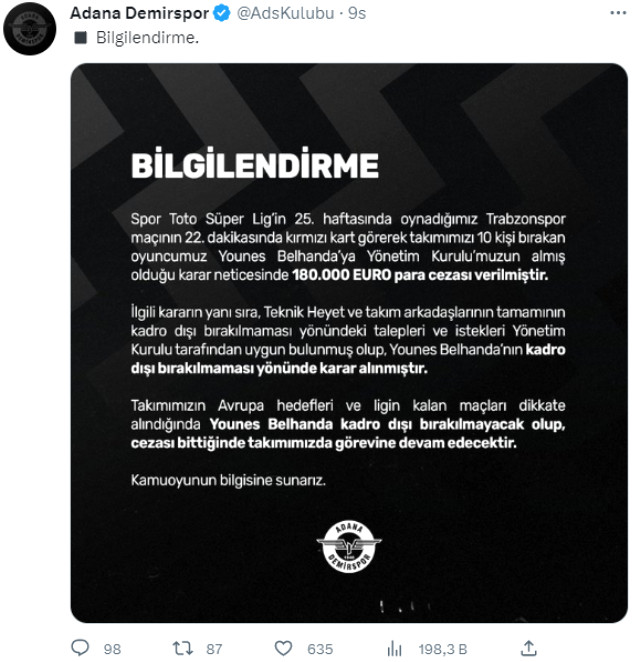 Yaptığı hareket pahalıya patladı! Adana Demirspor'dan Belhanda'ya ceza