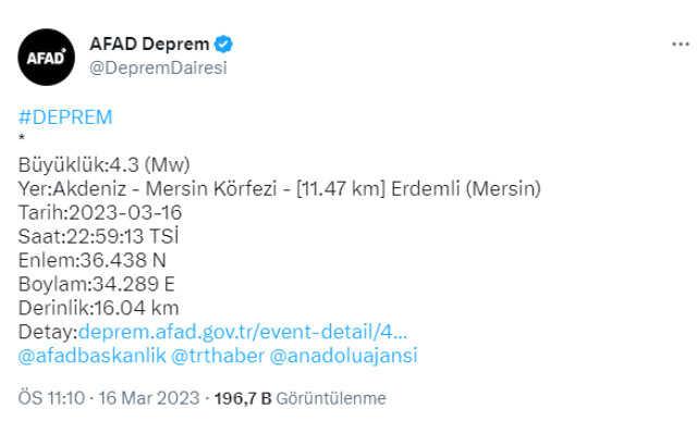 Mersin açıklarında 4.3 büyüklüğünde deprem meydana geldi Mersin açıklarında 4.3 büyüklüğünde deprem meydana geldi