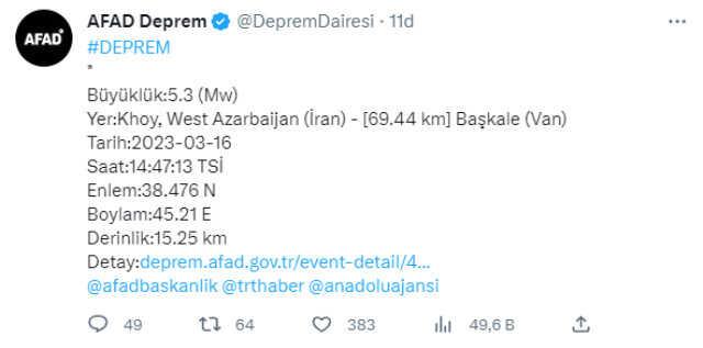 Son Dakika! İran-Türkiye sınırında 5.3 büyüklüğünde bir deprem meydana geldi