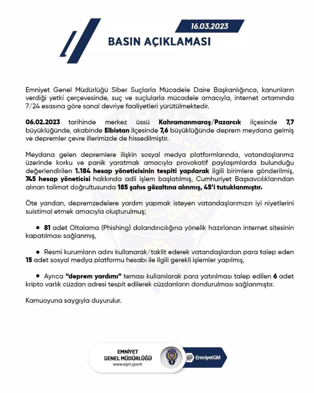 Sosyal medyada depreme ilişkin provokatif paylaşımlarda bulunan 45 kişi tutuklandı