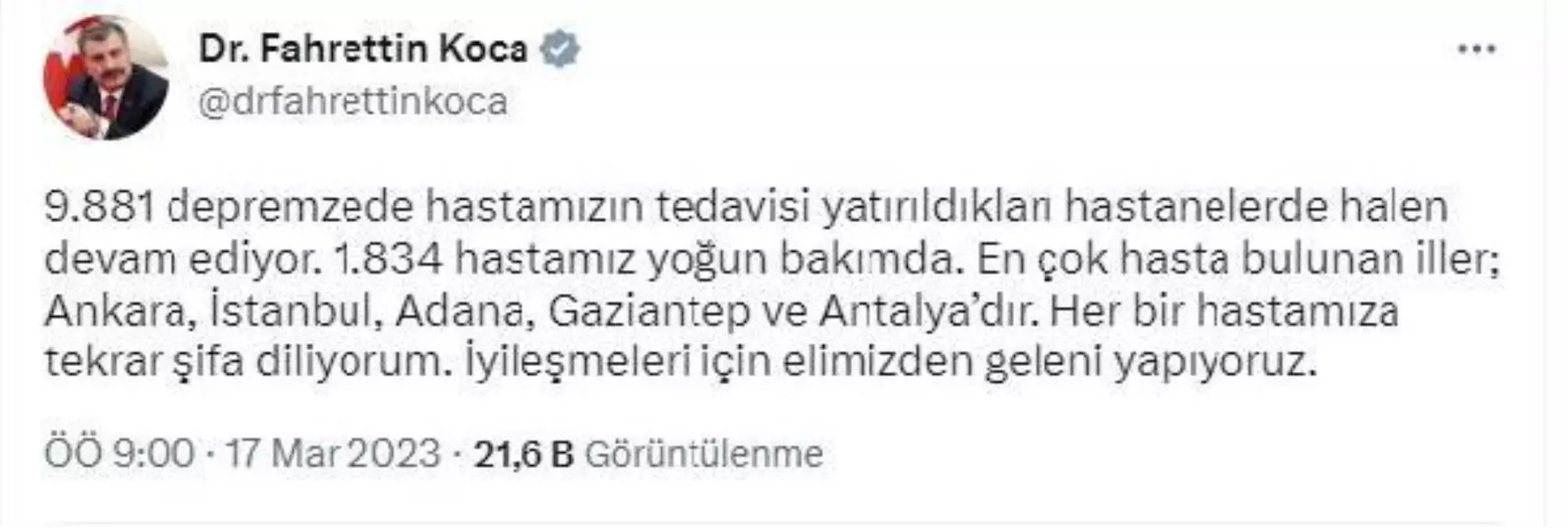 Sağlık Bakanı Koca: "9 bin 881 depremzedenin tedavisi devam ediyor"
