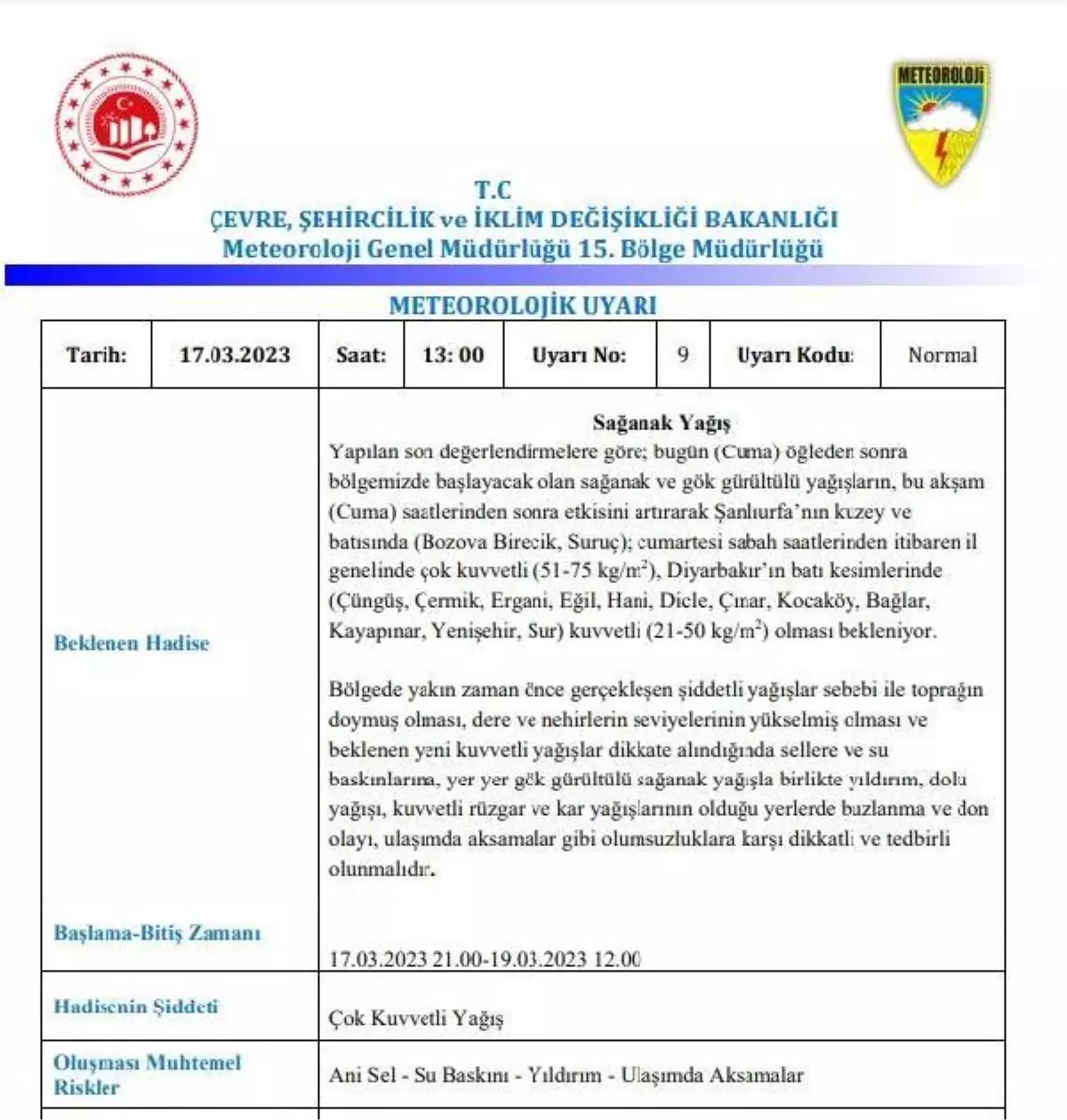 DİYARBAKIR, ŞANLIURFA VE ELAZIĞ İÇİN \'ÇOK KUVVETLİ YAĞIŞ\' UYARISI