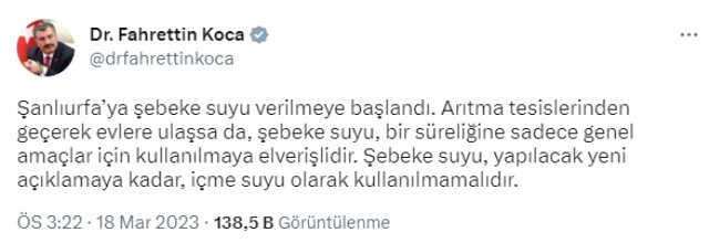 Bakan Koca: Şanlıurfa'ya şebeke suyu verilmeye başlandı Bakan Koca: Şanlıurfa'ya şebeke suyu verilmeye başlandı