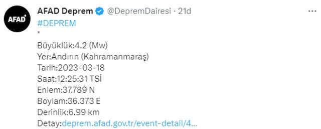 Son Dakika! Kahramanmaraş'ın Andırın ilçesinde 4.2 büyüklüğünde deprem