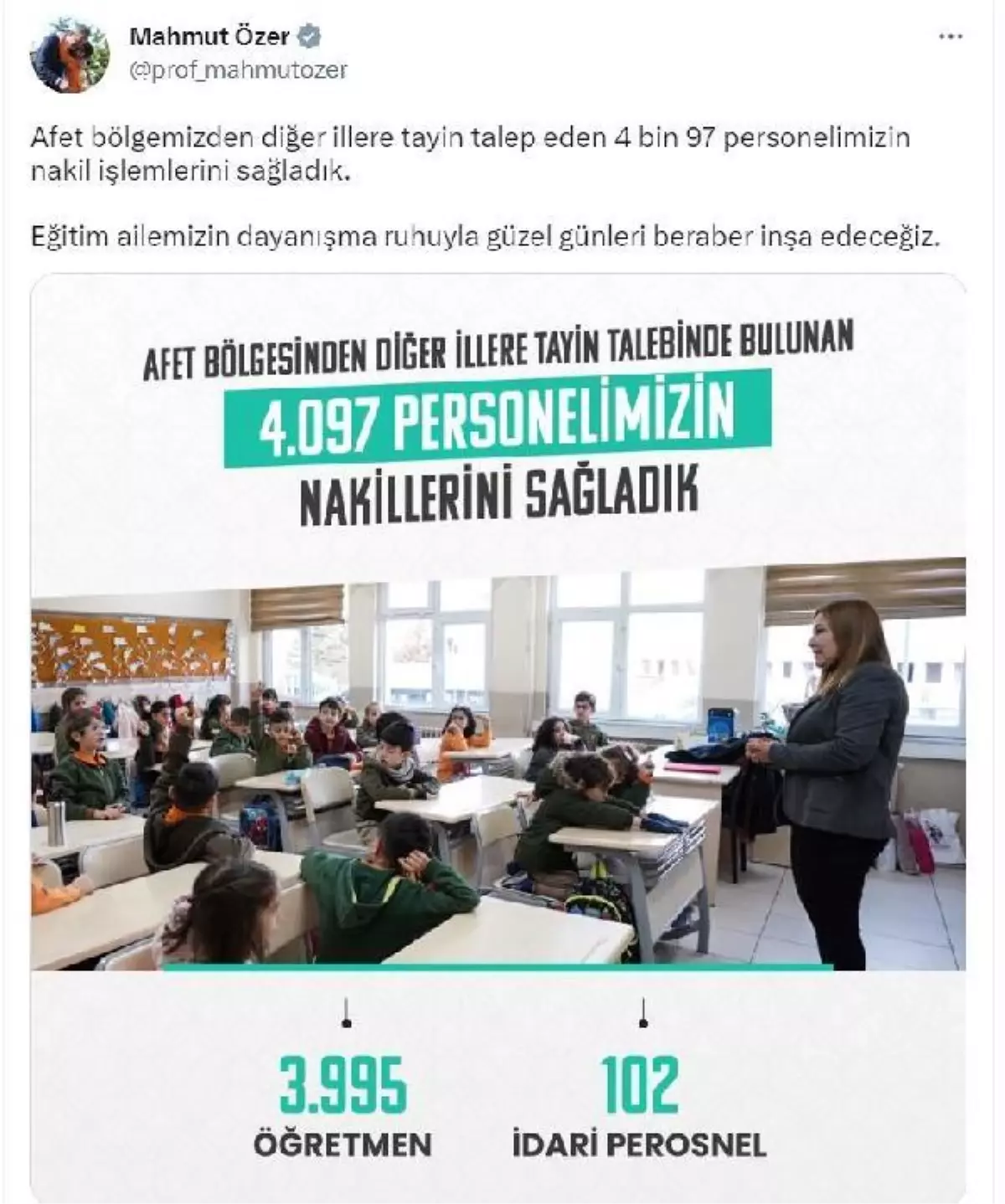 Bakan Özer: Afet bölgemizden tayin talep eden 4 bin 97 öğretmen ve personel nakledildi