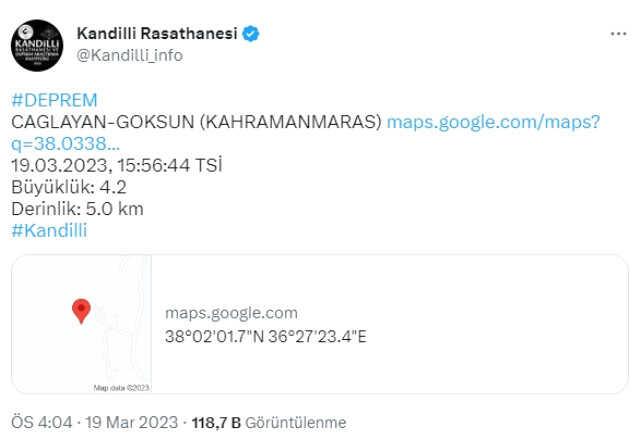 Kahramanmaraş'ta 2 dakikada iki deprem! 4.4 ve 4.1 ile sallandılar