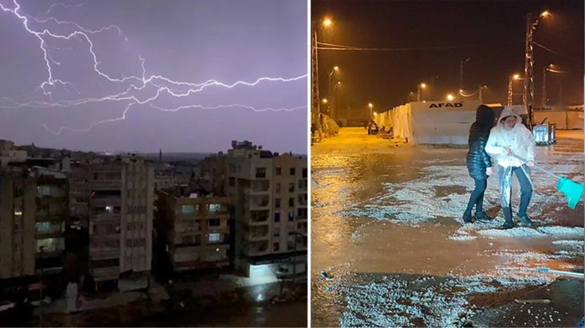 Kahramanmaraş ve Hatay\'da sağanak yağış! Şimşekler geceyi aydınlattı, çadırda kalan depremzedeler zor anlar yaşadı