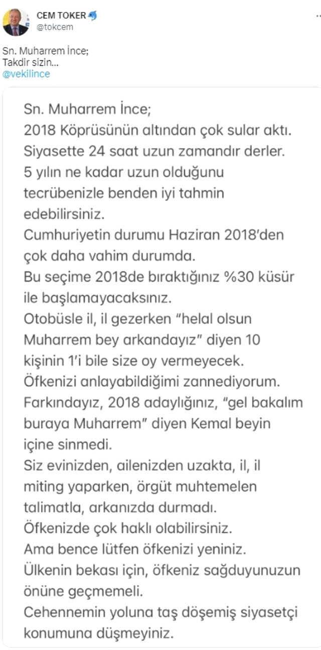 Muharrem İnce'den Cem Toker'e yanıt: Tek adayla girilmesi Cumhur İttifakı'nın işine geliyor