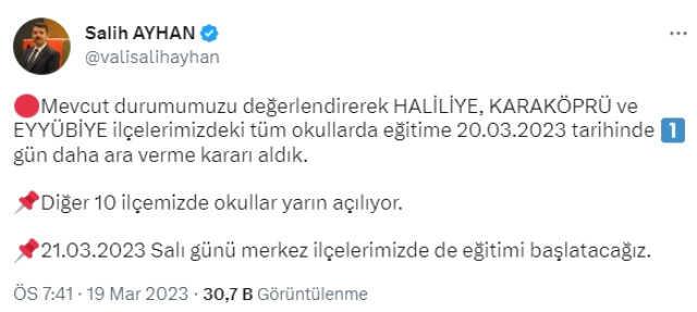 Şanlıurfa'da 3 ilçede eğitime 1 gün daha ara