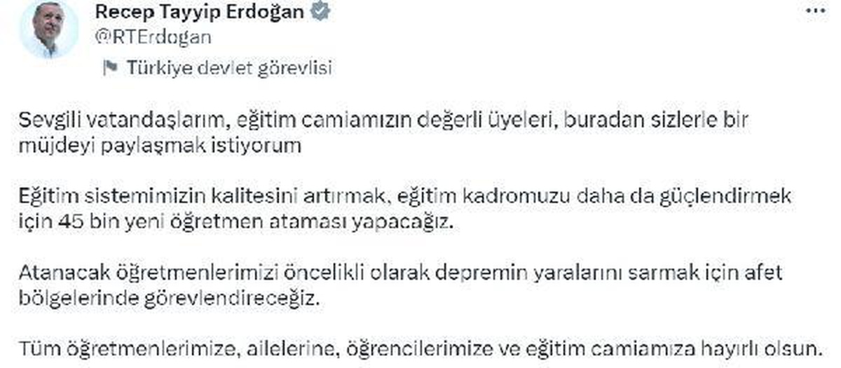 Cumhurbaşkanı Erdoğan, 45 Bin Yeni Öğretmen Ataması Yapacaklarını Açıkladı