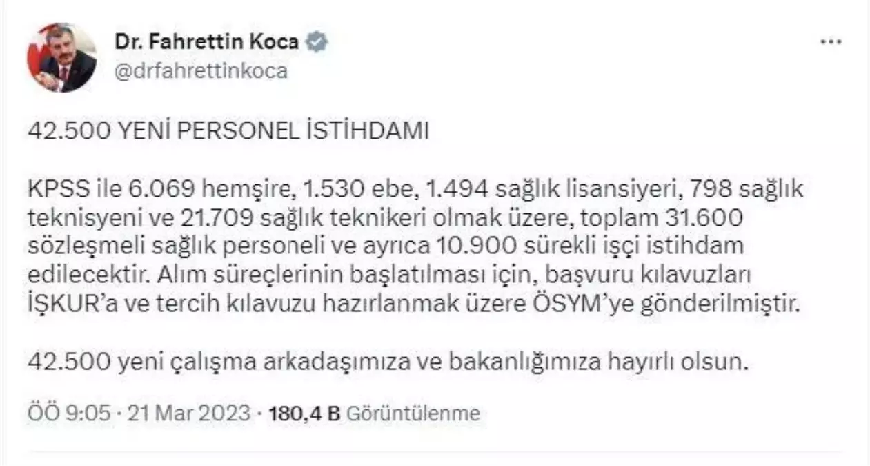Bakan Koca: 42 bin 500 personel istihdam edilecek