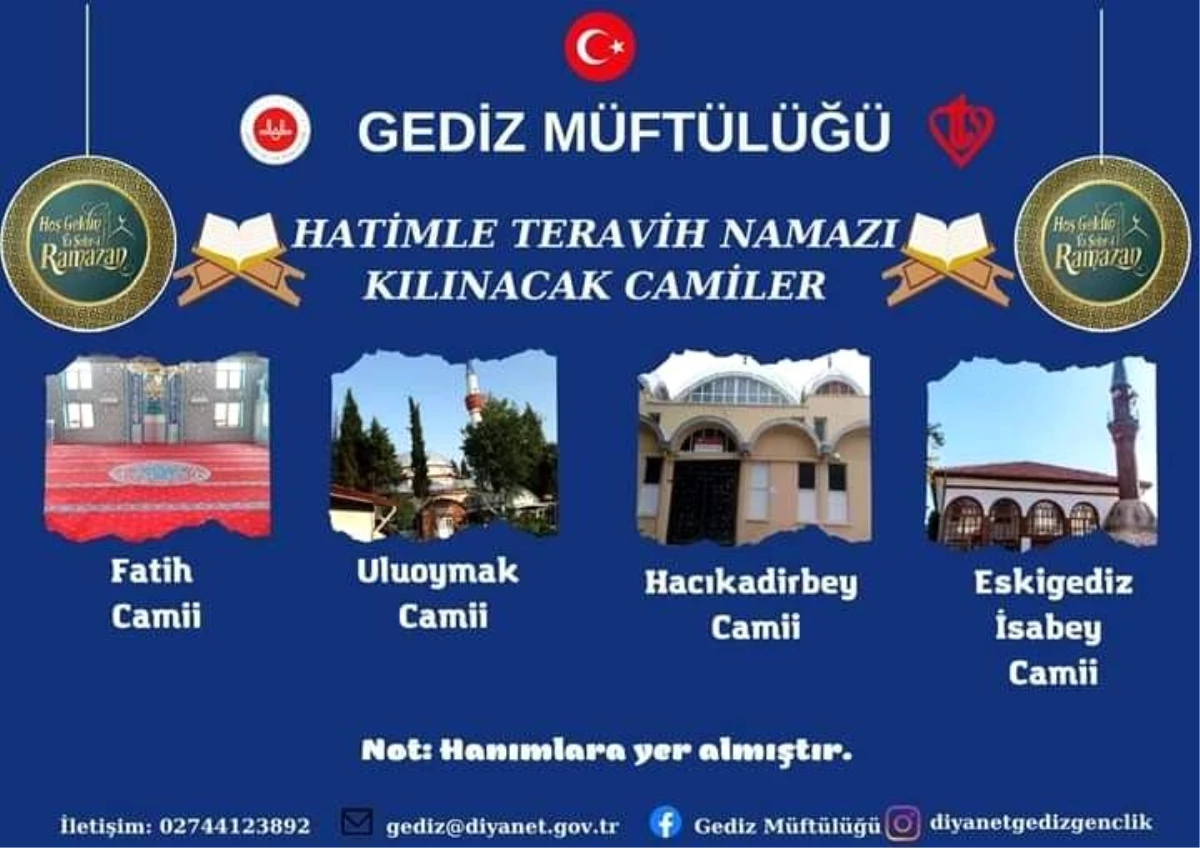 Gediz\'de 4 camide hatimle teravih kılınacak