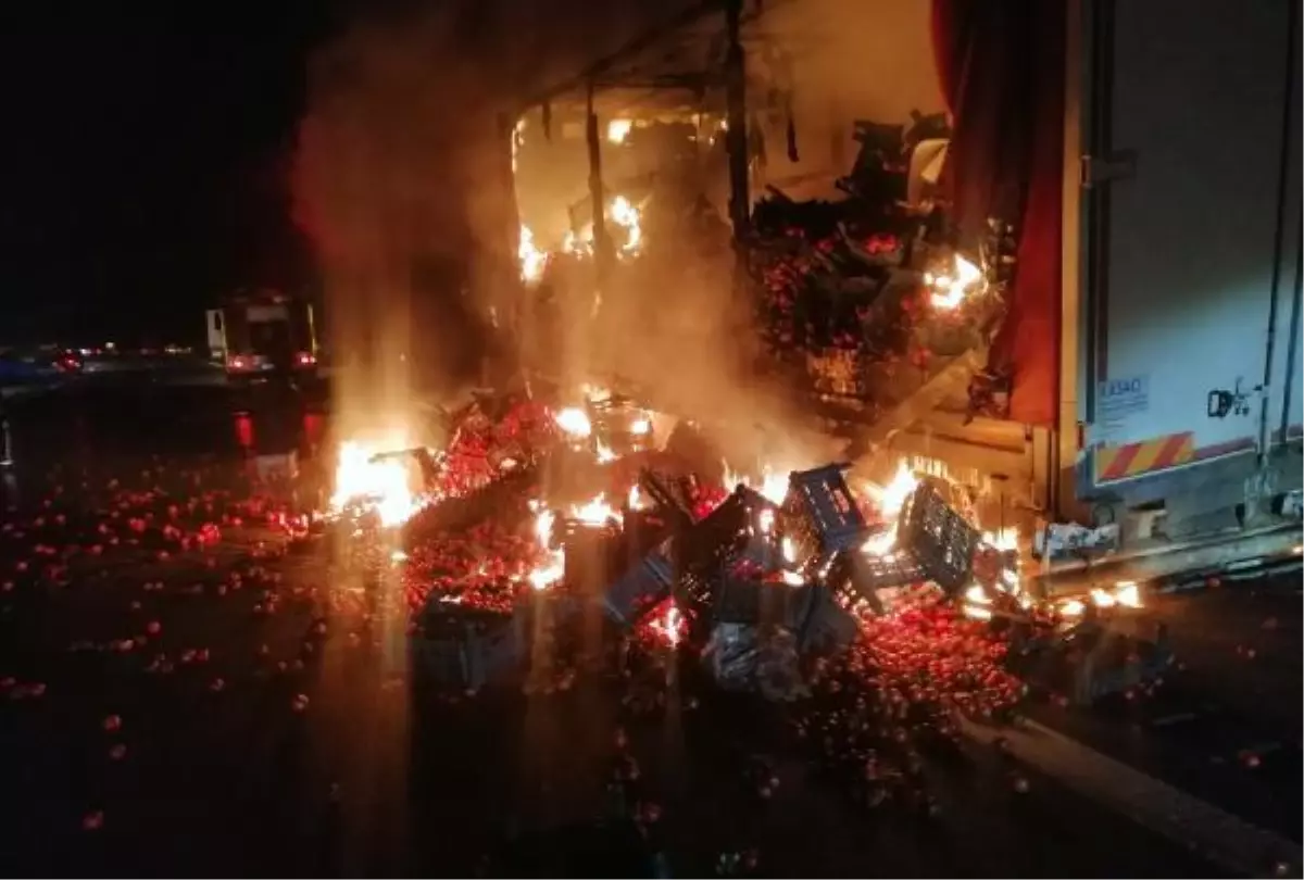 Domates yüklü kamyonun kasası yandı