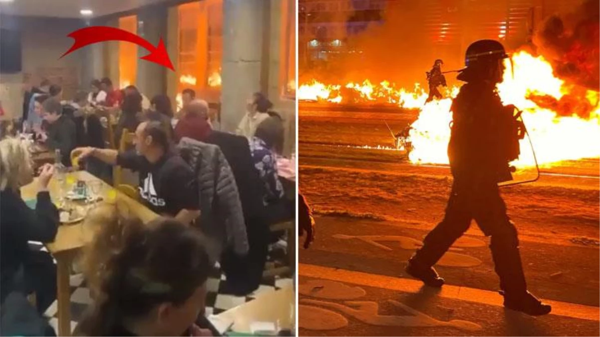 Fransa\'da bir garip olay! Gösteriler esnasında sokaklardan dumanlar yükselirken, yemek yemeye devam ettiler
