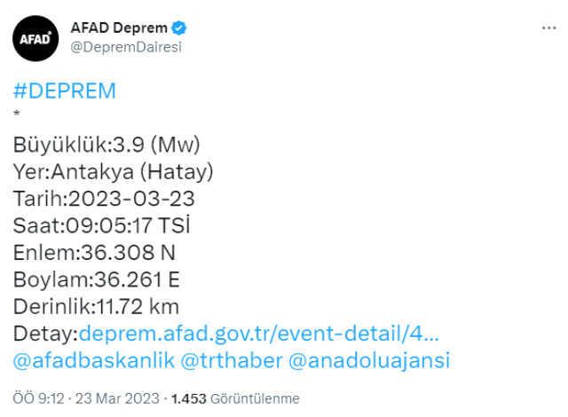Kahramanmaraş'ın Onikişubat ilçesinde 4.3 büyüklüğünde deprem