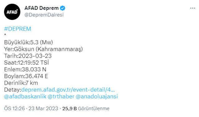 Son Dakika: Kahramanmaraş'ta 5.3 büyüklüğünde deprem Son Dakika: Kahramanmaraş'ta 5.3 büyüklüğünde deprem