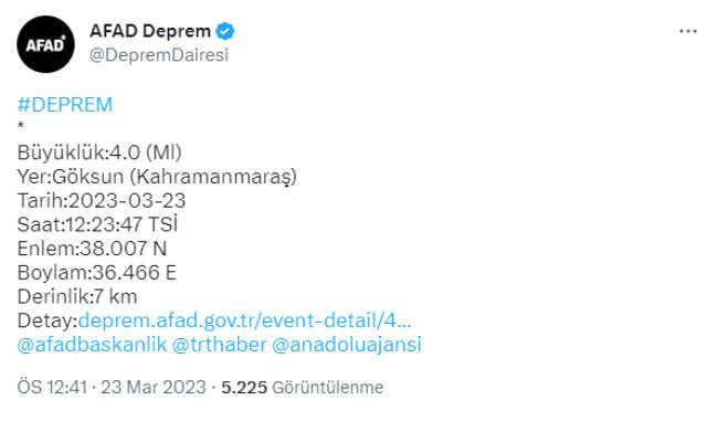 Son Dakika: Kahramanmaraş'ta 5.3 büyüklüğünde deprem Son Dakika: Kahramanmaraş'ta 5.3 büyüklüğünde deprem