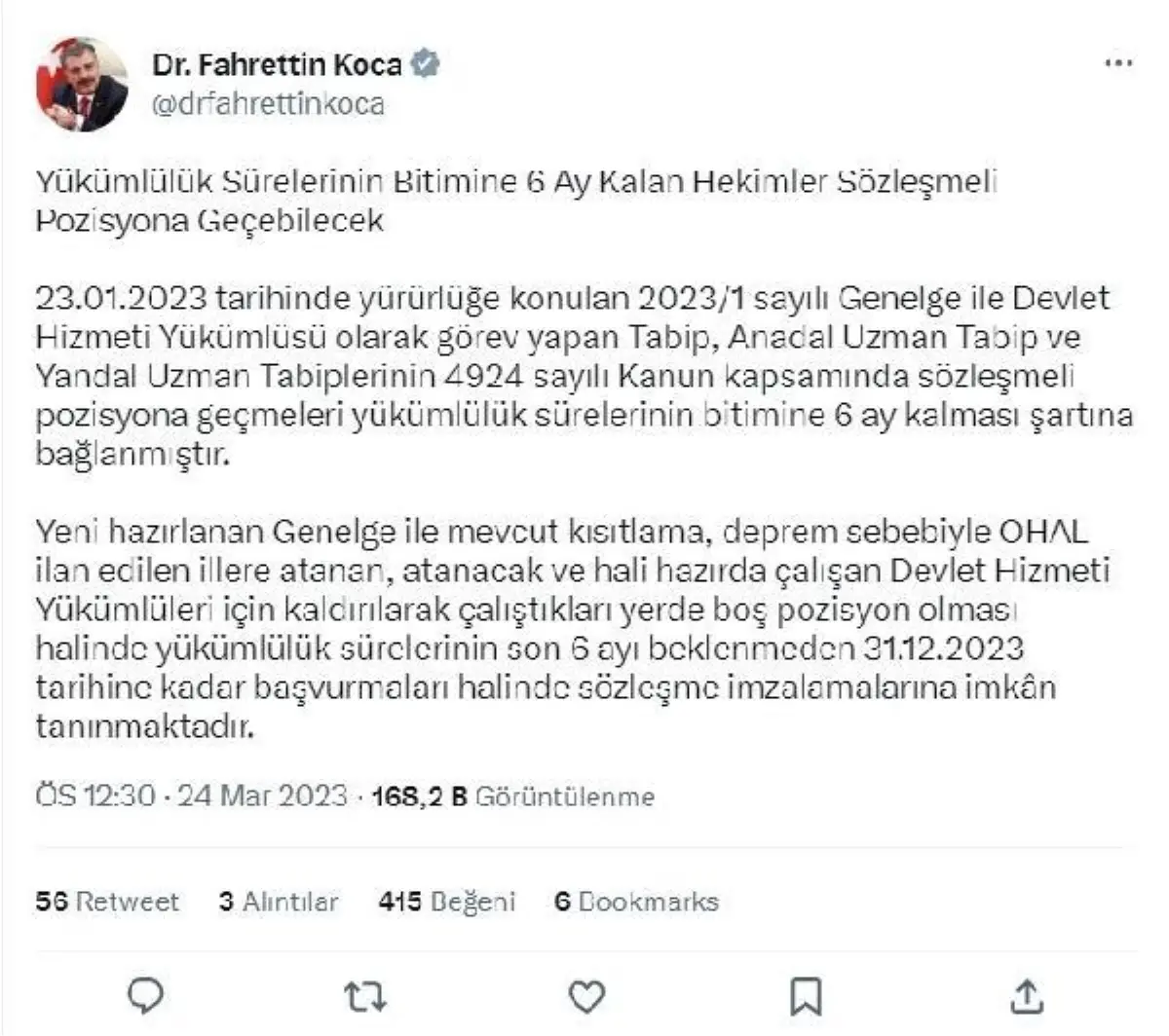 Bakan Koca: Yükümlülük süresi bitimine 6 ay kalan hekimler sözleşmeli pozisyona geçebilecek