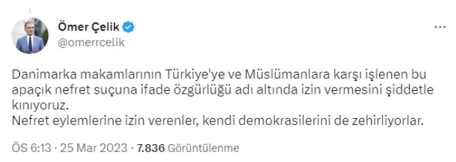 AK Parti Sözcüsü Çelik, Danimarka'da Kur'an-ı Kerim'e ve Türk bayrağına yapılan saldırıyı lanetledi Açıklaması